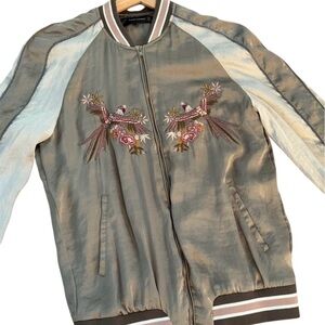 Embroidered silky Bomber Jacket - Gray and White